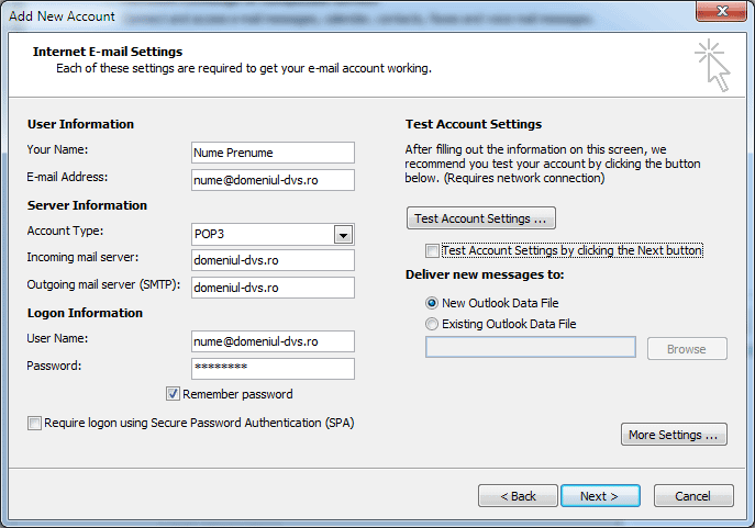 Configurare Outlook 2010 - Completare date cont email și server