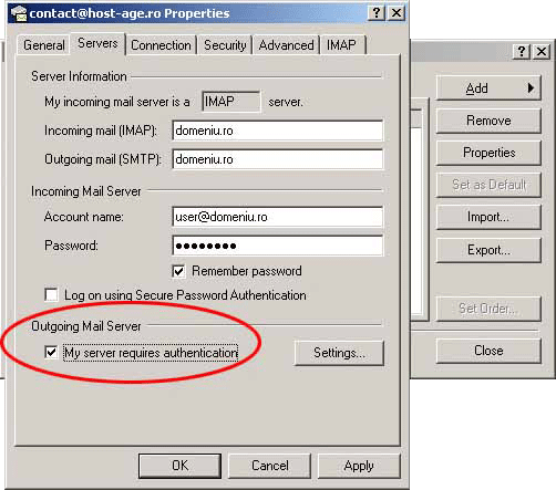 Configurare Outlook Express - Folosire autentificare SMTP