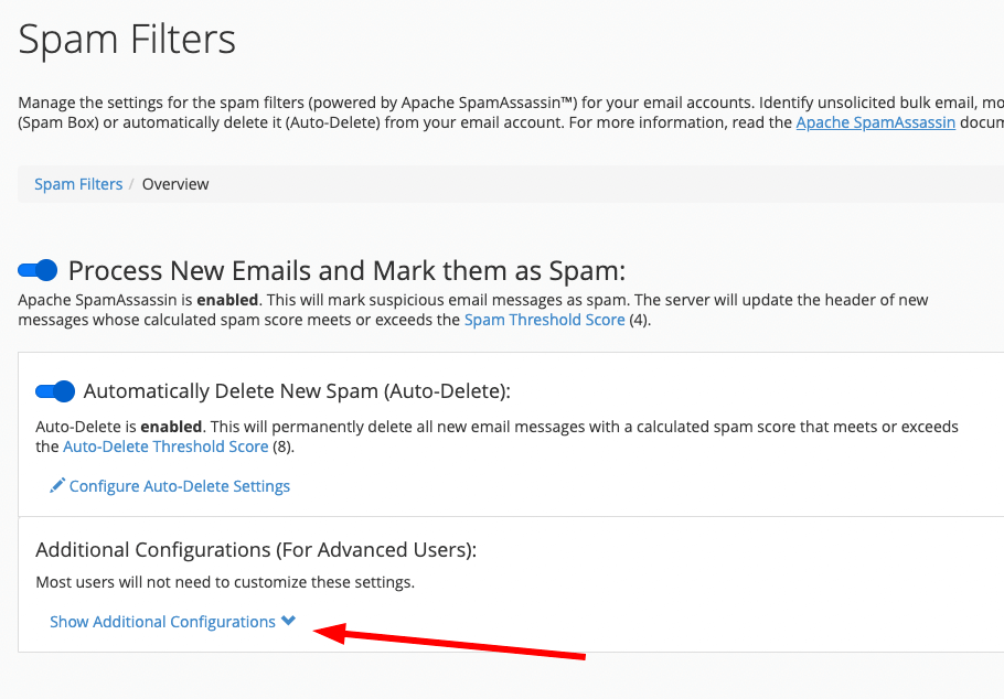 Selectare setări avansate pentru Spam Filters
