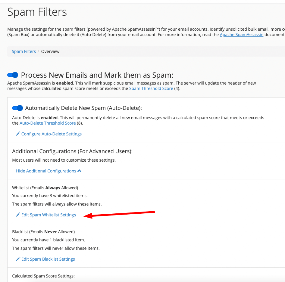 Setări pentru Spam Filters din cPanel