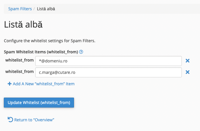 White list din cPanel/Spam Filters