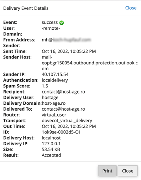 Detalii trimitere e-mail din cPanel/Track Delivery