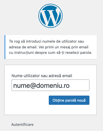 Introducere adresă e-mail pentru resetat parola de admin în WordPress