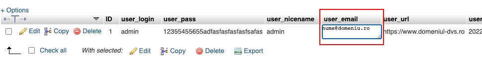 Editați din phpMyAdmin adresa de e-mail asociată contului de admin în WordPress