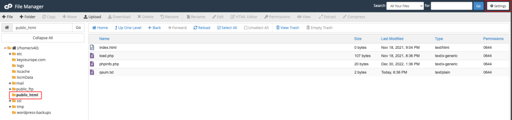 Interfața File manager din cPanel