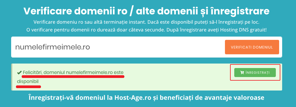 Afișare rezultat după o verificare de domeniu. Domeniul este disponibil pentru înregistrare.