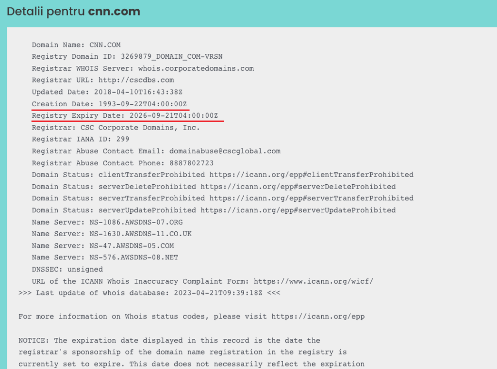 Afișarea datelor din whois după o verificare de domeniu web.