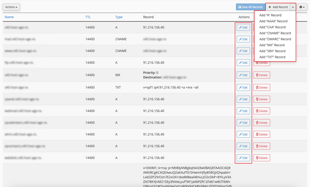 Editare zonă DNS sau adăugare de noi înregistrări în zona DNS a unui domeniu folosind Zone Editor din cPanel.
