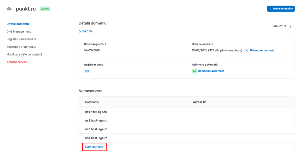 Pagina de administrare a unui domeniu web înregistrat