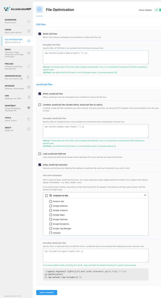 Configurare File Optimization în AccelerateWP
