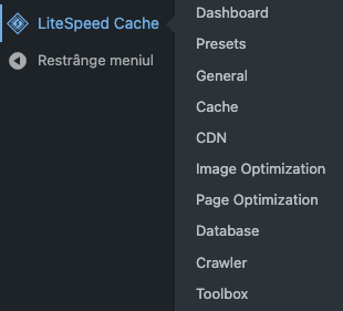 Meniu LiteSpeed Cache în WordPress