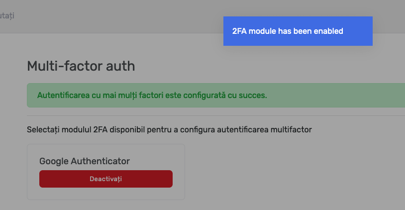 Autentificarea 2FA a fost activată cu succes