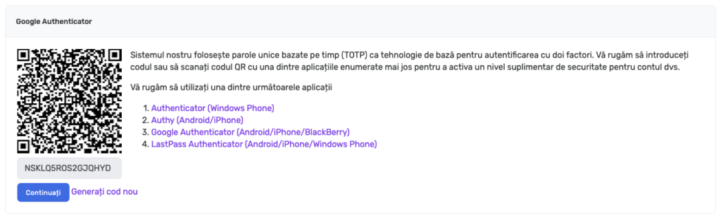 Scanarea codului QR pentru activarea 2FA