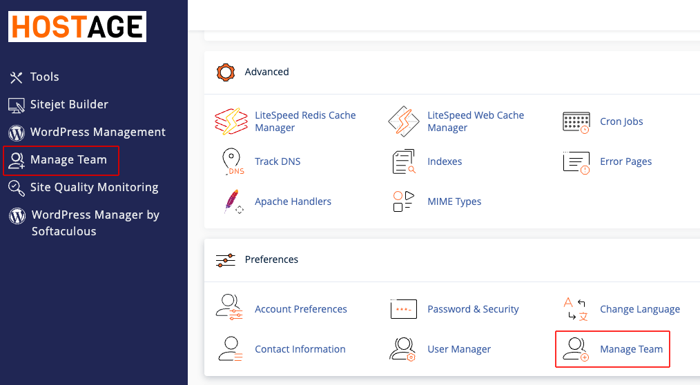 cPanel manage Teams