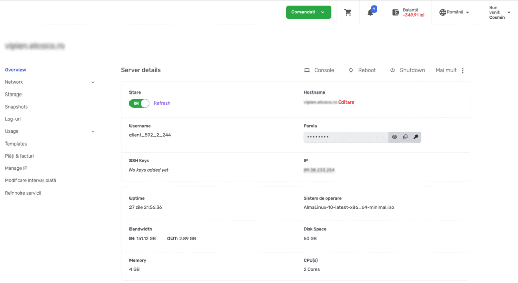 Interfață administrare server VPS