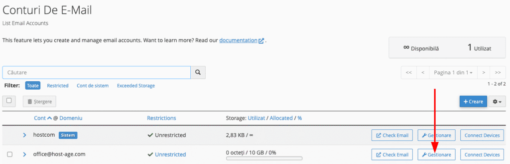 Gestionare adresă de e-mail din cPanel
