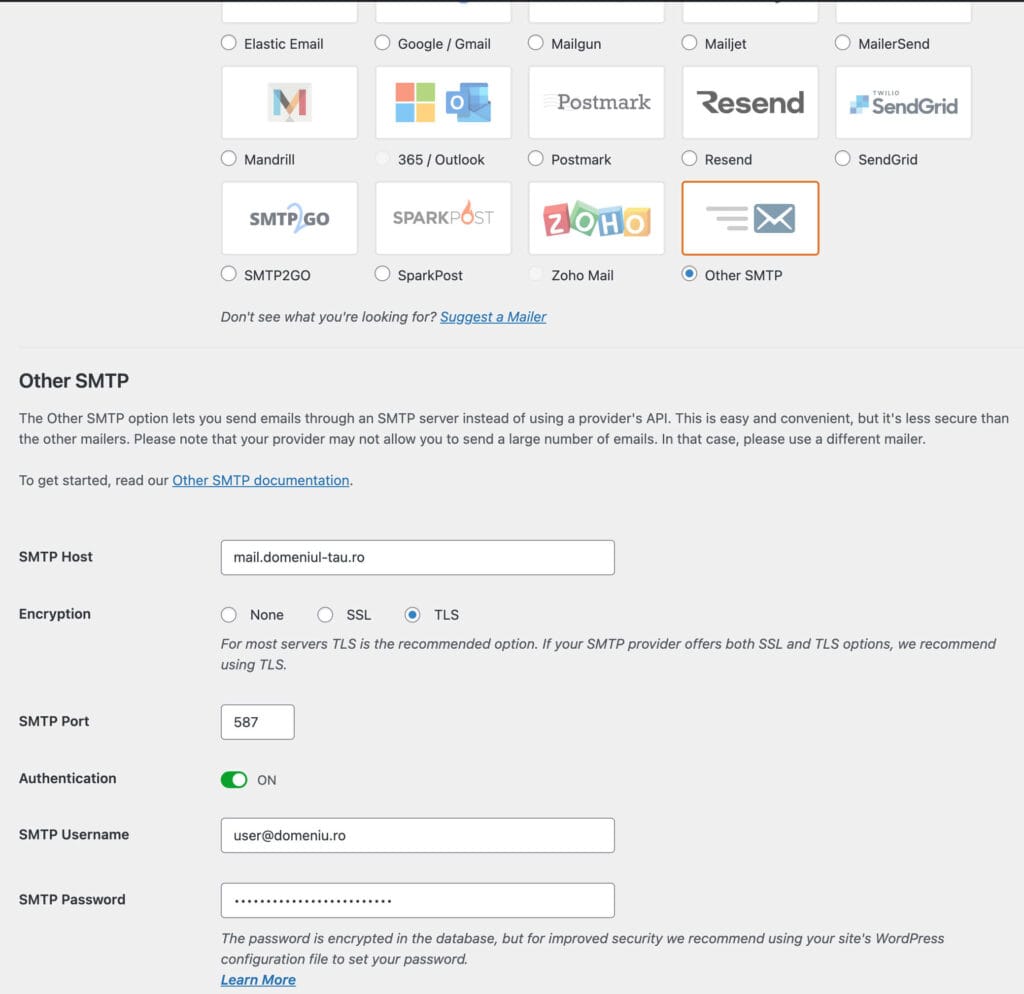 Configurare plugin WP mail SMTP